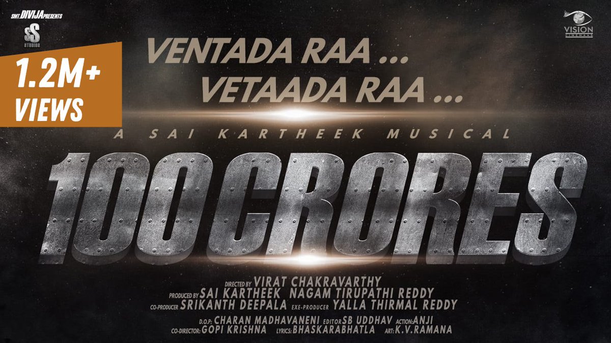 Sai Kartheek - Music Composer (@imsaikartheek) on Twitter photo glad to announce that #VentadaRaa Song from #100Crores has crossed 1.2 Million Views in YouTube. keep loving, keep sharing.
<a href="/RAAHULTYSON/">RAHUL</a> <a href="/ImSaiKartheek/">Sai Kartheek - Music Composer</a> <a href="/ChetanAhimsa/">Chetan Kumar Ahimsa / ಚೇತನ್ ಅಹಿಂಸಾ</a> #viratchakravarthy #nagamthirupathireddy <a href="/SakshiCh2017/">SHUBH</a> #SrikanthDeepala #aishwarya #ssstudios #visioncinemas glad to announce that #VentadaRaa Song from #100Crores has crossed 1.2 Million Views in YouTube. keep loving, keep sharing.
<a href="/RAAHULTYSON/">RAHUL</a> <a href="/ImSaiKartheek/">Sai Kartheek - Music Composer</a> <a href="/ChetanAhimsa/">Chetan Kumar Ahimsa / ಚೇತನ್ ಅಹಿಂಸಾ</a> #viratchakravarthy #nagamthirupathireddy <a href="/SakshiCh2017/">SHUBH</a> #SrikanthDeepala #aishwarya #ssstudios #visioncinemas