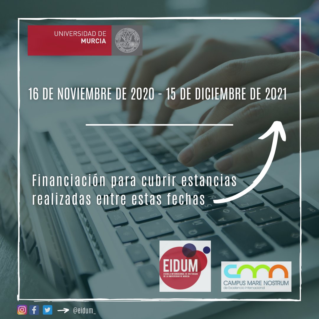 EidUM_'s tweet photo. Os informamos que hoy se ha publicado en el Tablón Oficial de la Universidad de Murcia la Convocatoria de Ayudas Para Estancias en España y en el Exterior EIDUM-CMN para el curso académico 2020/21.
➡️Más información:
https://t.co/yjqDm1TdPb
#eidum #um #doctorado #murcia #cmn https://t.co/aelOptm9cs