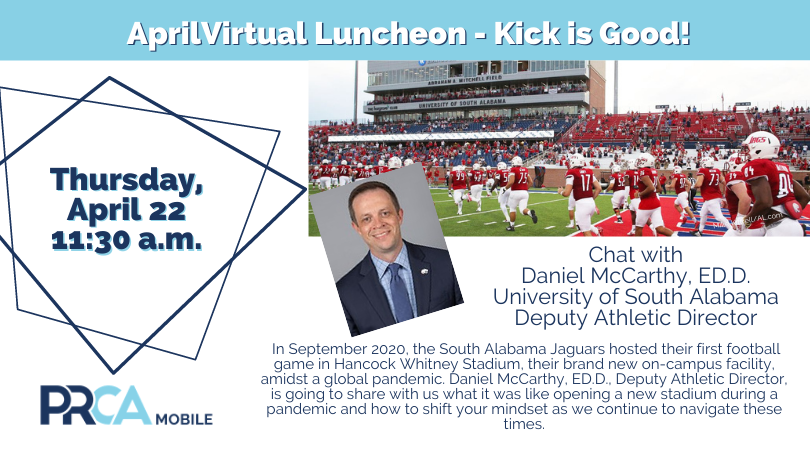 PRCAMobile's tweet photo. Join us for our April Virtual Luncheon. @UofSouthAlabama #JagsFootball

Registration link: https://t.co/se0RjRZ5b3 https://t.co/3QLkoVCLIb