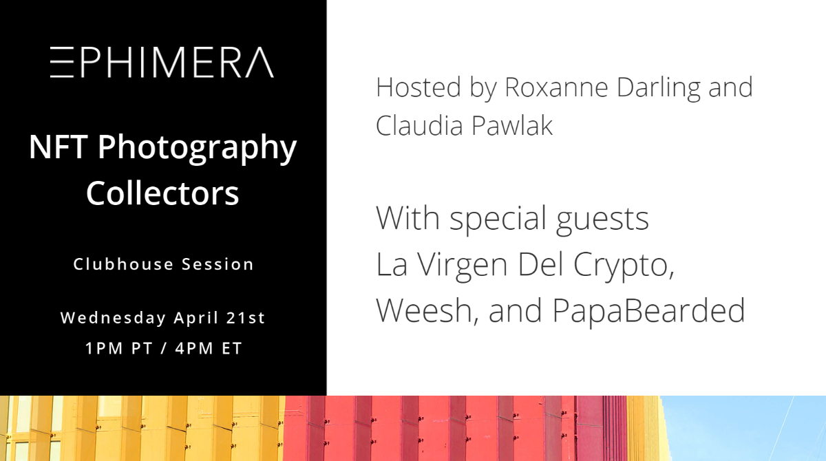 Let's talk about collecting #NFTPhotography! This Wednesday at 1PM PT / 4PM ET! 📸 

Hosted by @roxannedarling and <a href="/claudslr/">Claudia</a> with special guests <a href="/virgendelcrypto/">La Virgen del Crypto (Our Lady of Crypto)</a> <a href="/__weesh__/">WEESH</a> and <a href="/PapaBeardedNFTs/">PapaBearded</a> 

Mark your calendars 👇 

joinclubhouse.com/event/mJzLreQd