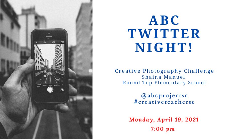 abcinstitutesc's tweet photo. Join us tonight at 7:00 pm for a fun creative photography experience!
@abcprojectsc #creativeteachersc
@ShainaManuel @KimABCProject @Kellyabcsc https://t.co/pks0VGNczW