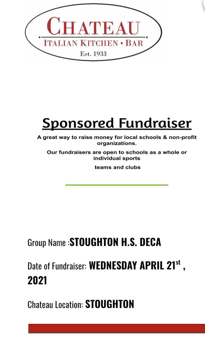 StoughtonDeca's tweet photo. Attention all DECA members and supporters! This Wednesday, April 21st, we are having a Stoughton Chateau fundraiser! Swipe to the last slide to see how you can participate depending on how you order: online or dining in. We hope you all have a yummy meal this Wednesday! 🍕🍝 https://t.co/y8NgUBzudZ