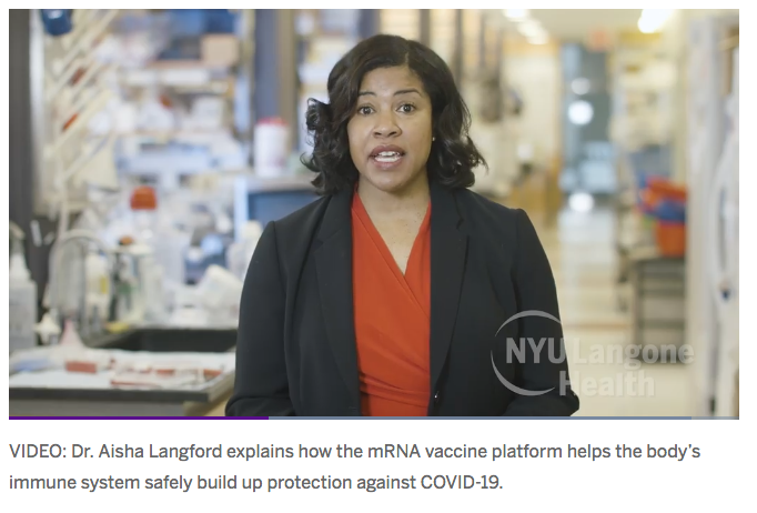  @SandyDarity VIDEO: Dr. Aisha Langford explains how the mRNA vaccine platform helps the body’s immune system safely build up protection against COVID-19. https://nyulangone.org/news/how-mrna-vaccines-prevent-covid-19