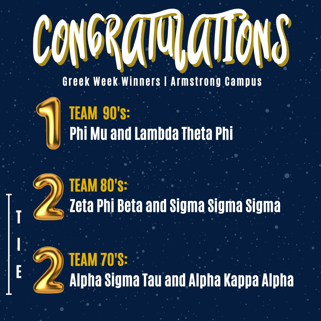 ⭐ ARMSTRONG CAMPUS | GREEK WEEK WINNERS ⭐⁠
⁠
Congratulations to our winners for Greek Week on the Armstrong campus! We have a first place winner and then a tie for second place! ⁠

⁠