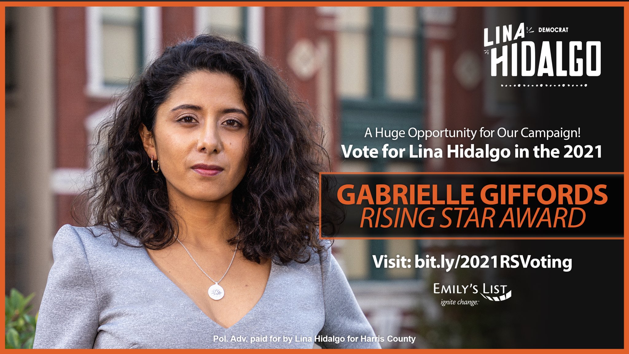 Lina Hidalgo Honored To Have Been Nominated For The Emilyslist Gabrielle Giffords Rising Star Award There Are 6 Finalists And Winning It Would Help Our Campaign Garner Important National Support Lina Hidalgo Honored To Have Been Nominated For The Emilyslist Gabrielle Giffords Rising Star Award There Are 6 Finalists And Winning It Would Help Our Campaign Garner Important National Support