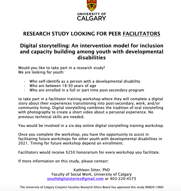 Ups & Downs Calgary (@upsdownscalgary) on Twitter photo The University of Calgary is running a research study called “Digital Storytelling: An intervention model for inclusion and capacity building among youth with developmental disabilities.” Anyone interested in being a peer facilitator, please contact youthdigitalstories@gmail.com The University of Calgary is running a research study called “Digital Storytelling: An intervention model for inclusion and capacity building among youth with developmental disabilities.” Anyone interested in being a peer facilitator, please contact youthdigitalstories@gmail.com