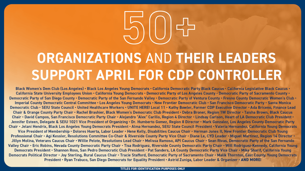 AprilForCA's tweet photo. Humbled to have the support of over 50 organizations and their leaders — and I'm ready to keep fighting alongside these changemakers as @CA_Dem controller. 

See the full list at: https://t.co/D03yLZ3dYA https://t.co/d9MubBZogh