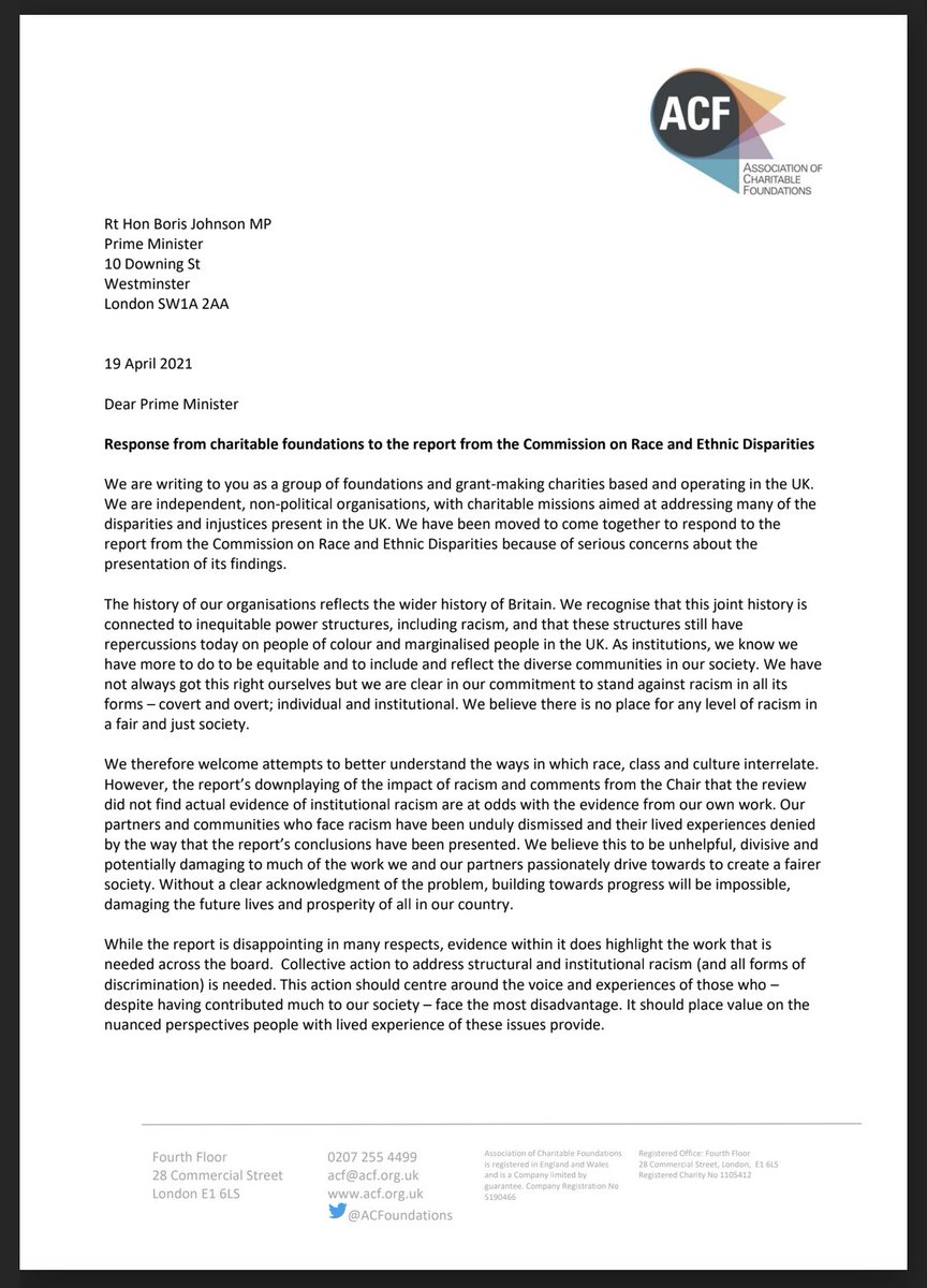 KieronJBoyle's tweet image. We’ve joined over 60 Foundations in writing to the PM to respond to the Commission on Race and Ethnic Disparities. We believe many of the findings to be unhelpful, divisive and damaging to work we and our partners drive towards to create a fairer society.

acf.org.uk/news/commissio…