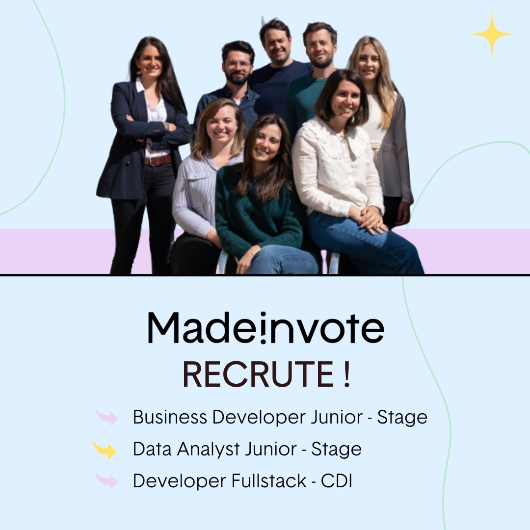 Madeinvote #Recrute ! 🔎

▪️Business Developer Junior - STAGE 
▪️Data Analyst Junior - STAGE 
▪️Developer Fullstack - CDI

N'hésitez pas à tagger des personnes qui pourraient être intéressées ! 💬

C'est par ici : 👉 welcometothejungle.com/fr/companies/m…

#recrutement #marketing #businessdev