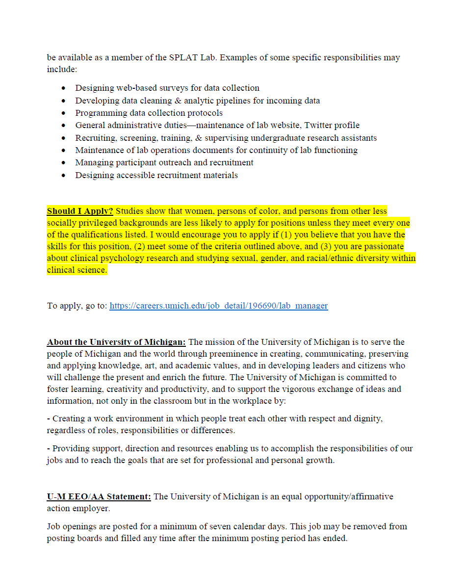 Craig Rodriguez-Seijas, PhD ๐น๐น๐ณ๏ธโ๐ (he/him) (@craiganthonyrs) on Twitter photo ๐จ Job Alert ๐จ with ME! ๐๐ณ๏ธโ๐
I am looking to hire a full-time lab manager to begin work with me here at University of Michigan in the <a href="/Haus_of_SPLAT/">Stigma, Psychopathology, & Assessment Lab</a> Lab.
Please share w/ those who might be interested!
Application portal: careers.umich.edu/job_detail/196โฆ ๐จ Job Alert ๐จ with ME! ๐๐ณ๏ธโ๐
I am looking to hire a full-time lab manager to begin work with me here at University of Michigan in the <a href="/Haus_of_SPLAT/">Stigma, Psychopathology, & Assessment Lab</a> Lab.
Please share w/ those who might be interested!
Application portal: careers.umich.edu/job_detail/196โฆ