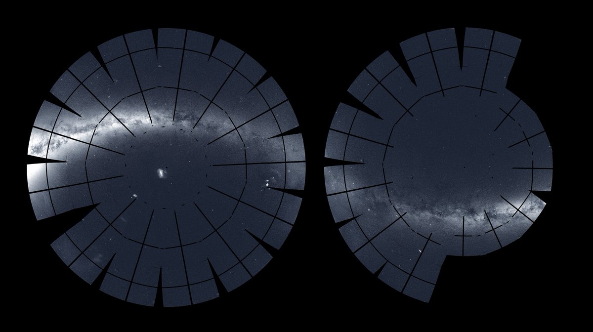 TESS's two yearlong panoramas appear side by side in twin polar views centered on the southern (left) and northern ecliptic poles. The prominent glowing band of the Milky Way – our galaxy seen edgewise – sweeps across both vistas.
