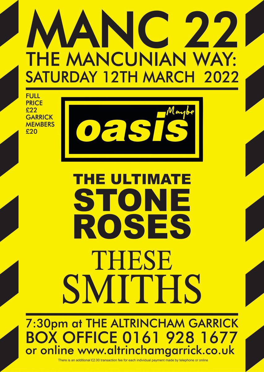 • Manc22: The Mancunian Way • 

Three Bands. One Place. One Night. The Music of Manchester. 

Saturday 12th March 2022
7.30pm
Altrincham Garrick Playhouse 

<a href="/OasisMaybeuk/">Oasis Maybe</a> 
<a href="/rosesultimates/">The Ultimate Stone Roses</a> 
<a href="/TheseSmiths/">These Smiths</a> 

Tickets now on sale - altrinchamgarrick.co.uk