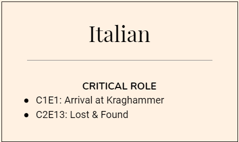 CR_Translate's tweet photo. We interrupt your regularly unscheduled scrolling to bring you these captions of @CriticalRole in Italian, Russian, French and Chinese (Simplified &amp; Traditional). Thank you to all our amazing translators! You may now keep on scrolling for as long as you wish.

#CriticalRole https://t.co/S6OvkzAees