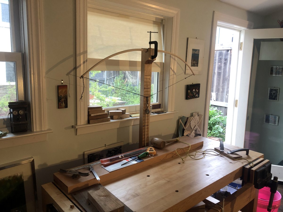 johnkballantyne's tweet photo. Finally finished the tillering attachment for my bench and got my first bow up there (for my kids). Exhaustively re-watching the @Headlongbows videos that inspired me in the first place.😀 https://t.co/dY2BfvugKR