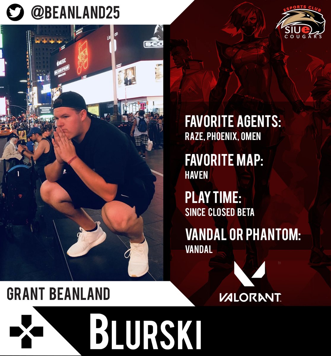 Alright y'all. It's about time we showed off some of our amazing players that work hard to represent the club. 
Throughout this week we'll be taking a look at the Valorant team, starting with nonother than the team coordinator, Blurski! (<a href="/beanland25/">tnarg</a>)