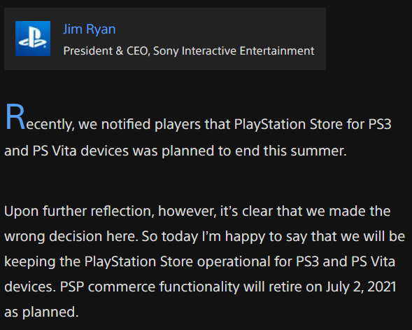 Sony Backtracks on PS3 & PS Vita PlayStation Store Closure