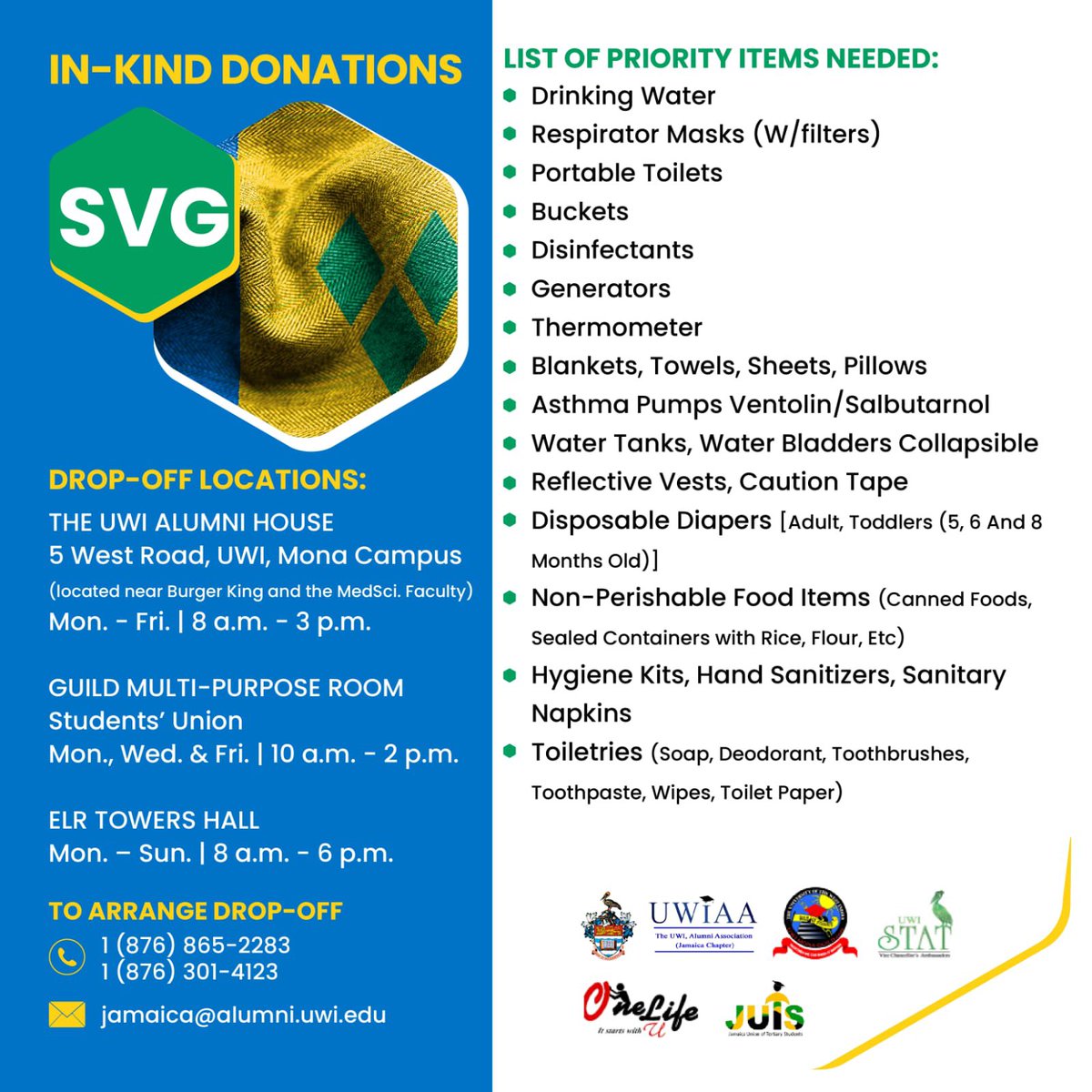 UWIMonaGuild's tweet photo. NOW MORE THAN EVER, OUR CARIBBEAN NEIGHBOUR NEEDS YOUR HELP🇻🇨🇻🇨🇻🇨

In addition to your financial support, we encourage you also donate the items listed above.🙏🏽

For more information contact: 1(876) 865-2283 or 301-4123 or 927-1583 

#RallyRoundSVG
#OneUWI
#EachOneReachOne https://t.co/SbSHeOxjLs