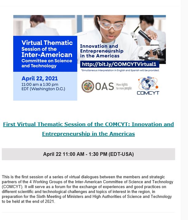 OAS_SaintLucia's tweet photo. Want to know more about #innovation and #Entrepreneurship in the Americas? Join @OAS_Development #COMCYT Inter-American Committee of Science and Technology #April22! https://t.co/sMglWd0oDp