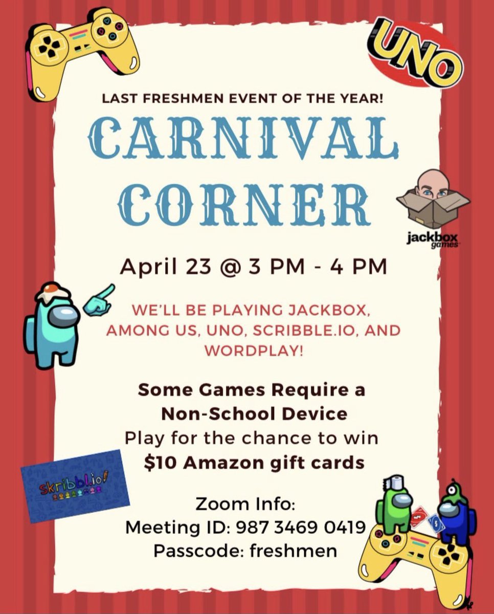 CALLING ALL FRESHMEN‼️
Link Crew will be hosting a Carnival Corner event next Friday on April 23rd from 3:00-4:00pm. It’ll be like a virtual carnival, including games like Scribblio, Among Us, JackBox, Uno, and Wordplay, along with chances to win a $10 Amazon gift card!!