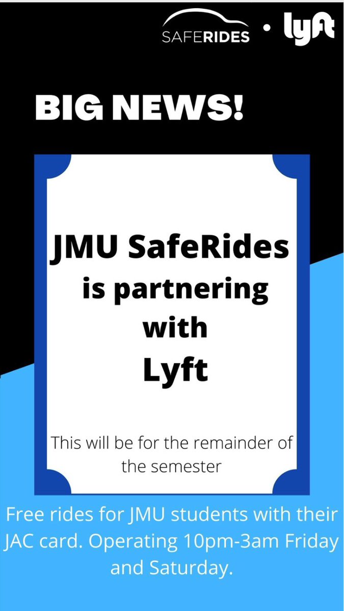 JMU SafeRides is excited to announce our partnership with Lyft to operate the SafeRides service this semester! For more details check out our website!