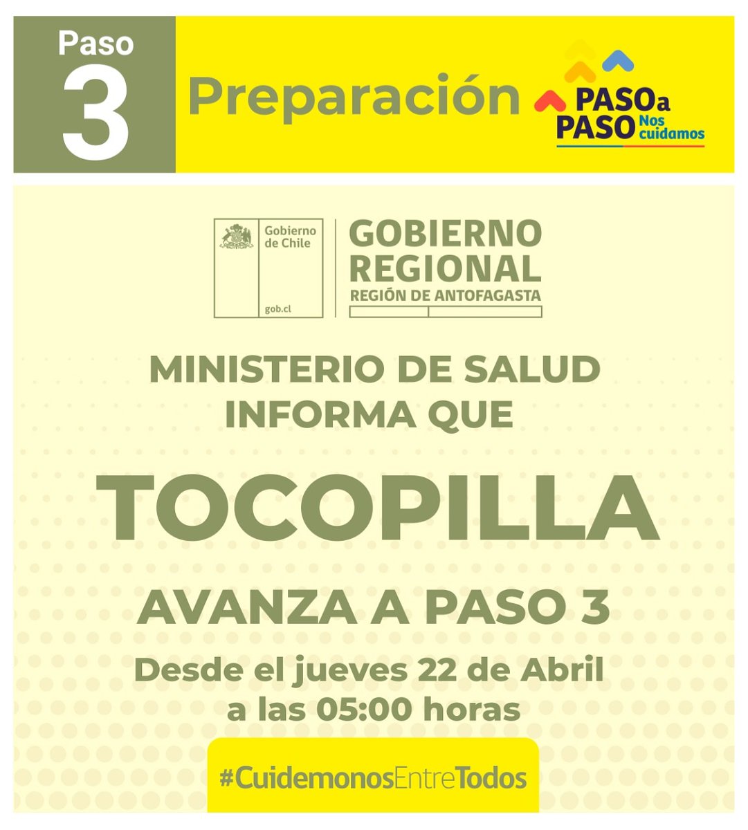 ⭕️ #EstáPasando | Durante el nuevo balance sanitario del Ministerio de salud, se informó que la comuna de #Tocopilla avanza a fase 3 de Preparación del plan Paso a Paso, desde el próximo jueves 22 de abril a las 05:00 am.

#Antofagasta #Covid19 #Pandemia #planpasoapaso