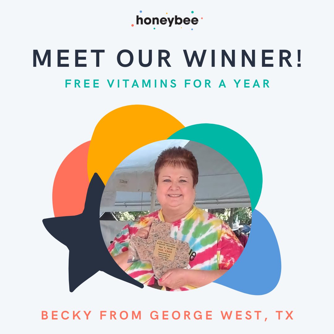 Congratulations to Becky, a TX resident who is the winner of our Vitamins and Supplements giveaway!

Fun Fact: Becky and her husband are avid BBQer’s and have won many awards in cooking competitions over the years - including the title of International Chili Champion! 🌶️