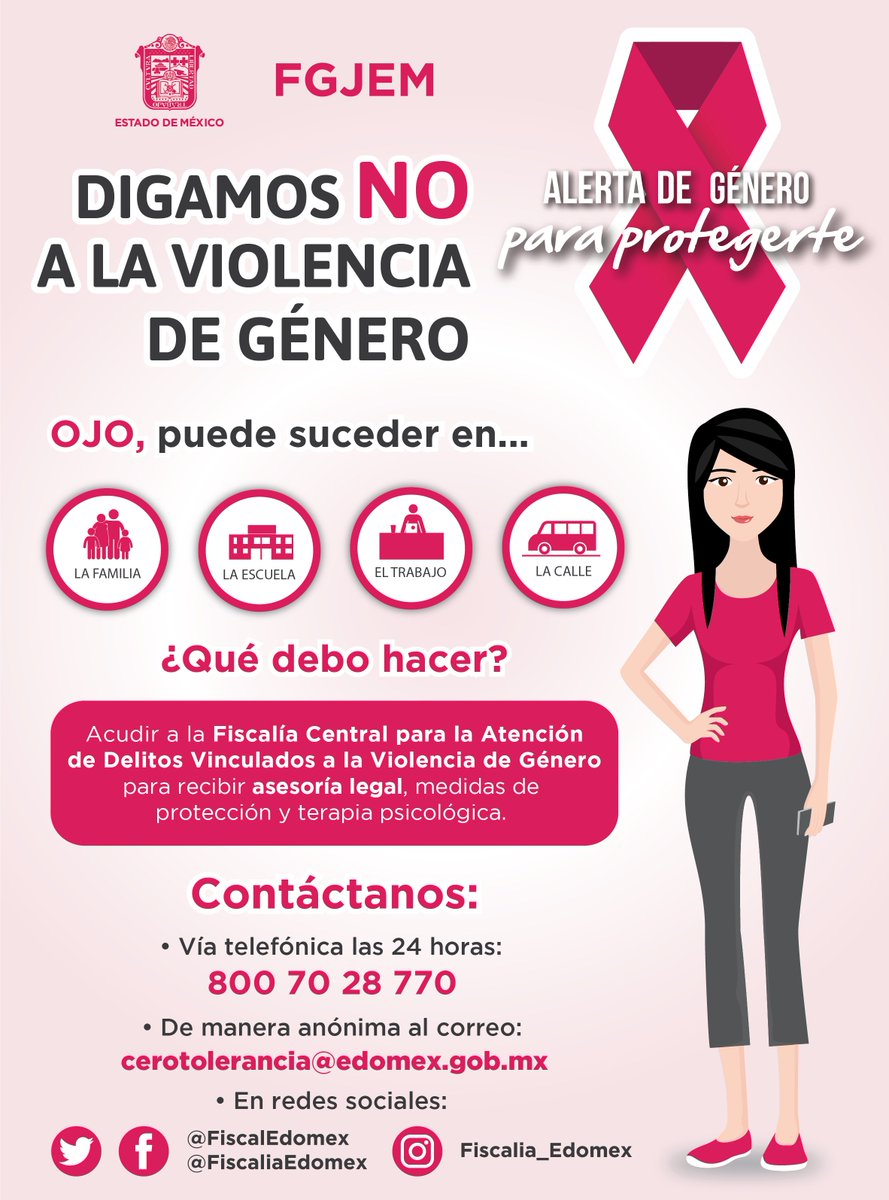 Digamos NO a la #ViolenciaDeGénero, la #FiscalíaEdoméx puede proporcionarte asesoría Legal, medidas de protección y terapia psicológica, 800 70 28 770 o por correo electrónico cerotolerancia@edomex.gob.mx