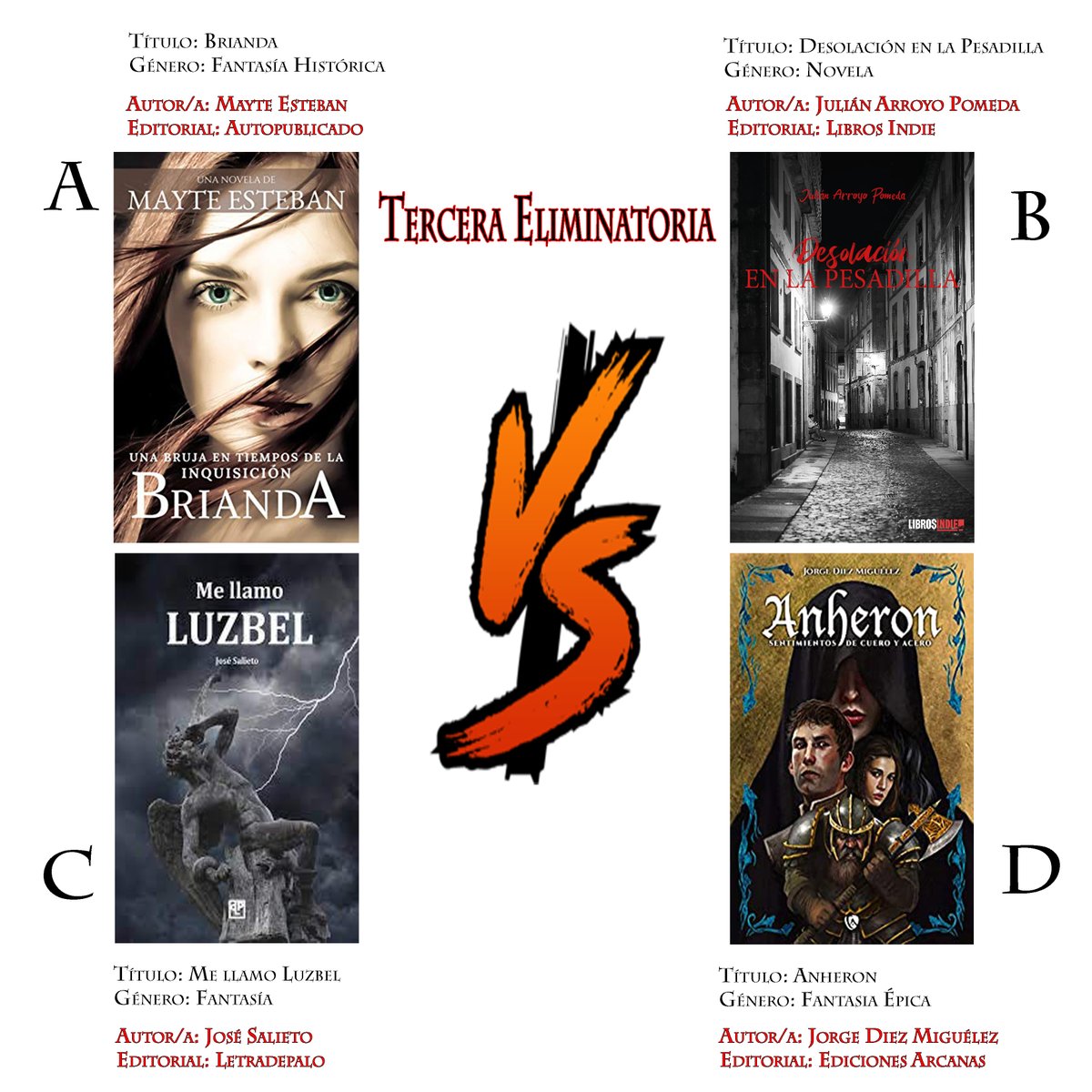 jloma84's tweet photo. 3º Clasificatoria ⚔️ #BatalladePortadas2021

A) Brianda @MayteEstebn
 
B) Desolación en la pesadilla @Julin46702960

C) Me llamo Luzbel @JoseSalieto

D) Anheron @Anheronsaga 

⬇️VOTACIÓN⬇️ https://t.co/NE5P2euMxy