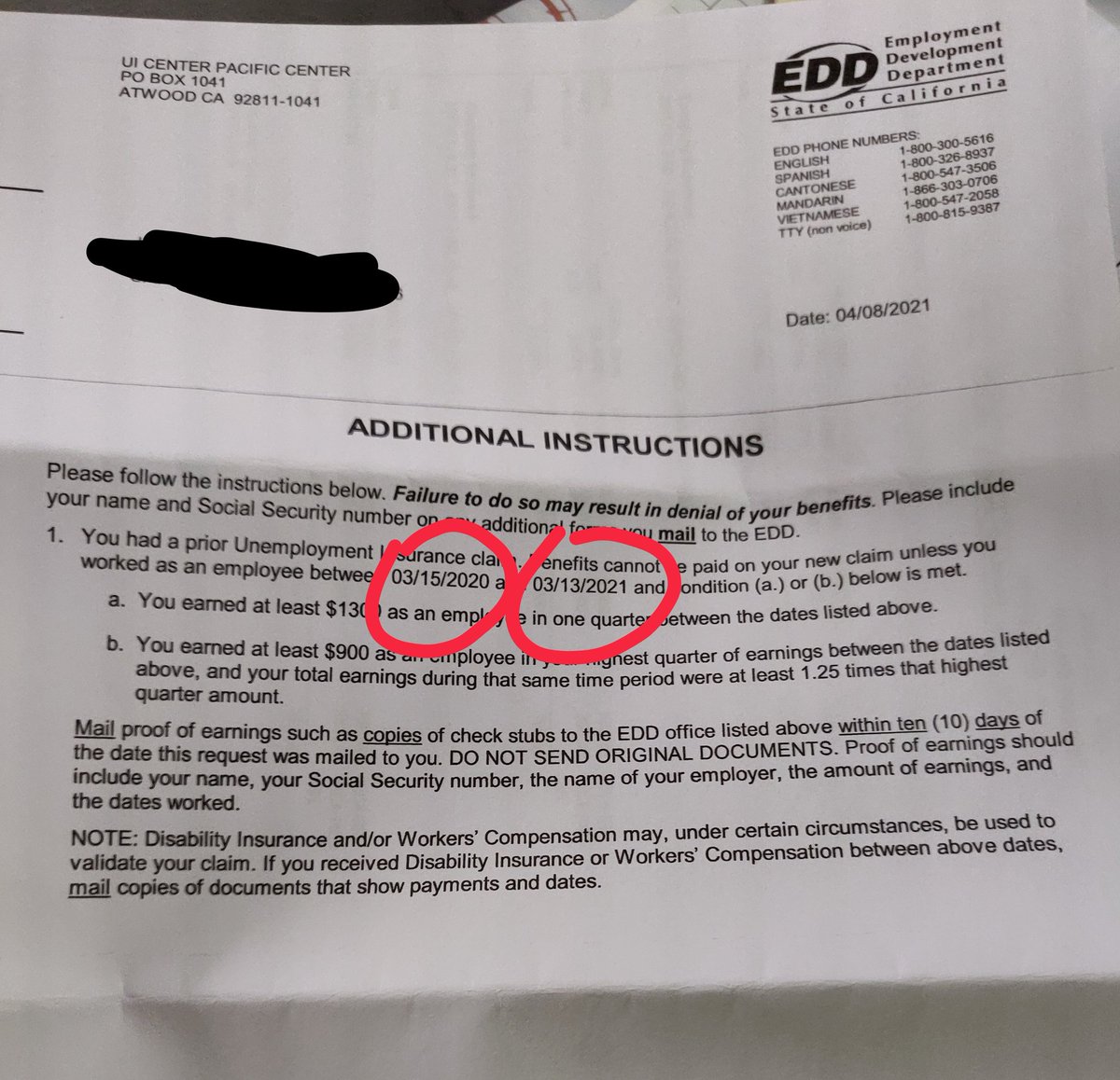 JhonMu8's tweet photo. @CA_EDD I can't reach anyone on phone, benefits year end and I file new claim, got this letter asking a payroll info? I didn't work during pandemic, payment pending 5 weeks HELP https://t.co/WbanA1OuE1