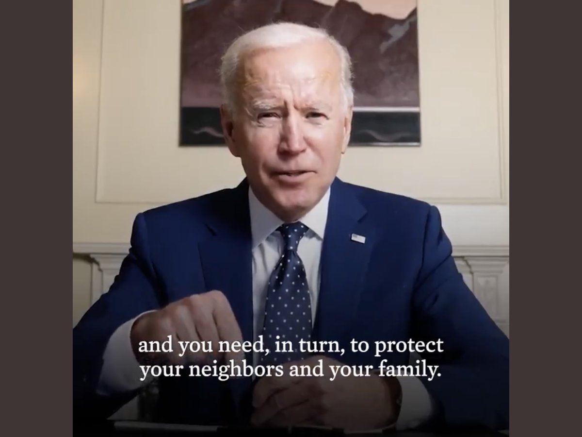 iwhale's tweet image. ประธานาธิบดีสหรัฐ: "พรรคพวก, ผมมีข่าวดี ทุกคนมาฉีดวัคซีนได้แล้วตั้งแต่วันนี้ เรามีพอ คุณจำเป็นต้องได้รับความคุ้มกันตัวเอง เพื่อไปป้องกันเพื่อนบ้านและครอบครัวคุณด้วย ดังนั้น ได้โปรดมารับการฉีดวัคซีนด้วย"

 จบ รู้เรื่อง ใน 19 วินาที