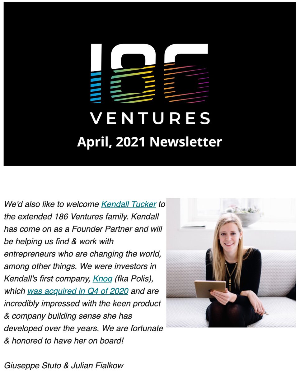 I am so excited to announce today that I am joining <a href="/186Ventures/">186Ventures</a> as their first ever Founder Partner!

<a href="/gstuto/">Giuseppe Stuto</a> and <a href="/julian_fialkow/">julian fialkow</a> were two of my favorite Knoq investors so I am excited to work with them again to source, invest in and advise amazing founders. 🤗