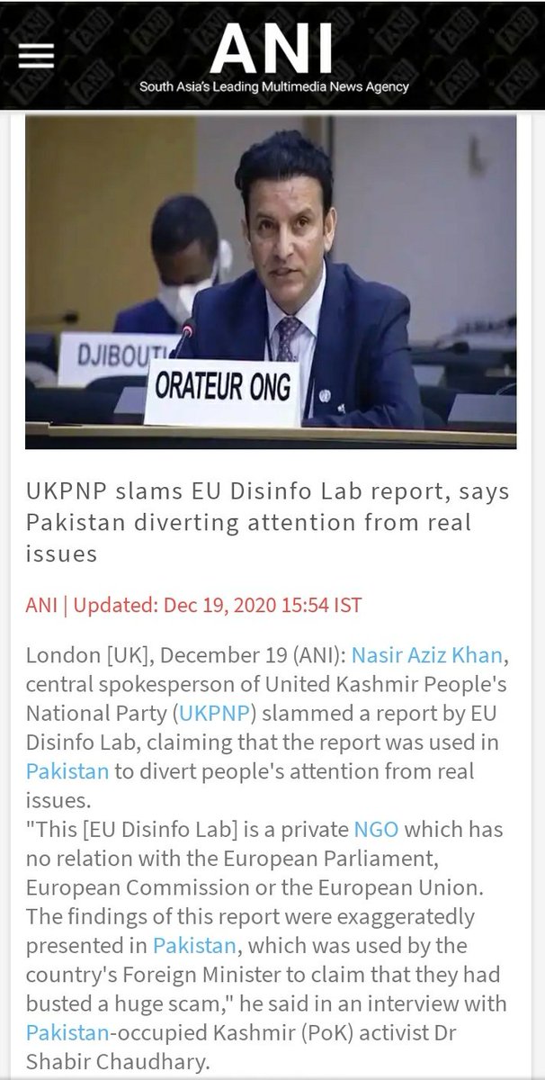 4~  @EUmythsBuster is NGO used by  @ISI_GHQ  @OfficialDGISPR 2 attack  @ANI.  @ImranKhanPTI's claims R as true as  @ohchr report on HR in J&K 2018.  @bukharishujaat was assassinated by  @ISI_GHQ on 14 Jun 2018 to highlight this  #FakeReport released on same day. https://www.aninews.in/news/world/asia/ukpnp-slams-eu-disinfo-lab-report-says-pakistan-diverting-attention-from-real-issues20201219155423