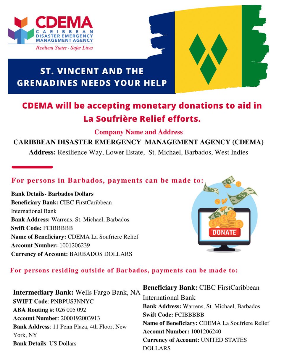 cdemacu's tweet photo. CDEMA has created official bank accounts allowing for persons around the world to make direct donations to the La Soufrière relief efforts

Take note of the details for persons living in Barbados and outside of Barbados

#RegionalResponse #RRMinaction #LaSoufriereEruption2021 https://t.co/aB0D0T05ZU