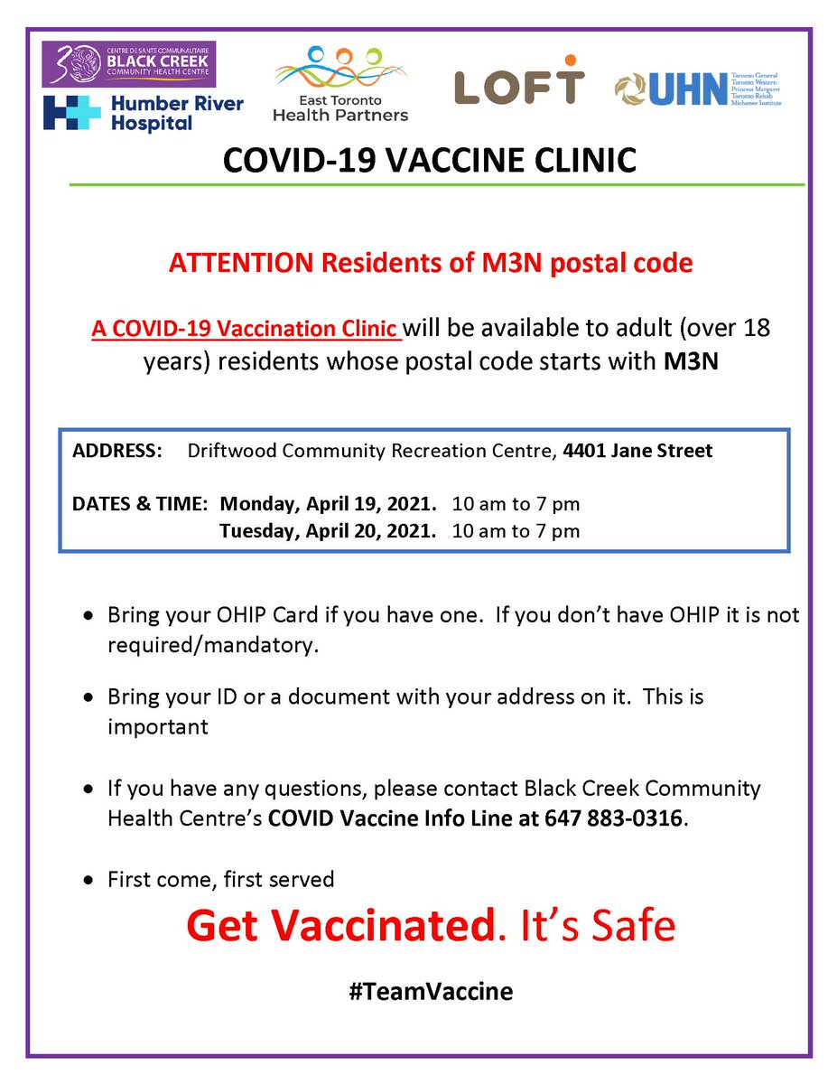 BlackCreekCHC's tweet photo. UPDATE: The Driftwood Community Centre Vaccine Clinic  is now accepting residents who live in the postal codes for Humber River-Black Creek: M3J, M3L, M3N, M9L and M9M. Please note there may be a line up - your patience is appreciated. https://t.co/HQ3CnfG7V3