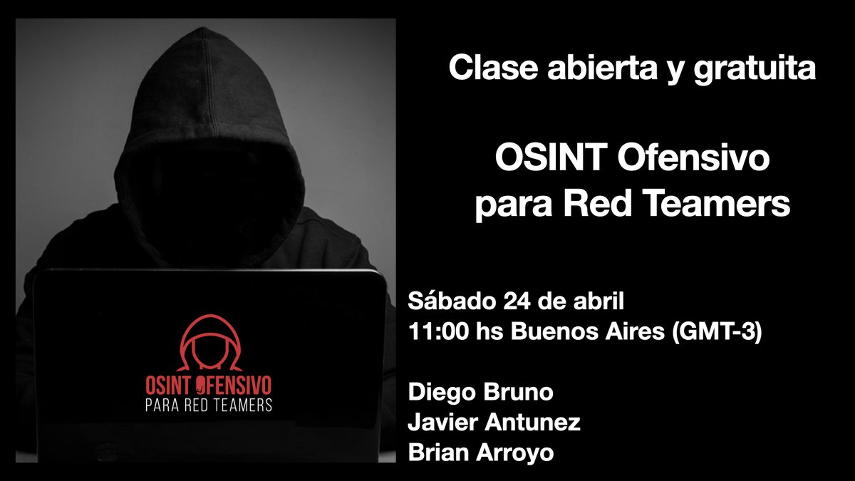 Blackmantisec's tweet photo. Clase abierta y gratuita 
OSINT OFENSIVO para Red Teamers #CapsulasOSINT
Sábado 24 de Abril 11:00 AM (GMT-3 BsAs)
Clase introductoria junto a @javierantunez  @Arroyobca  Fundamentos del OSINT Ofensivo, principales tools y casos de uso.
Link de suscripción: https://t.co/is5L7HQoZD https://t.co/3a0pfojLc7