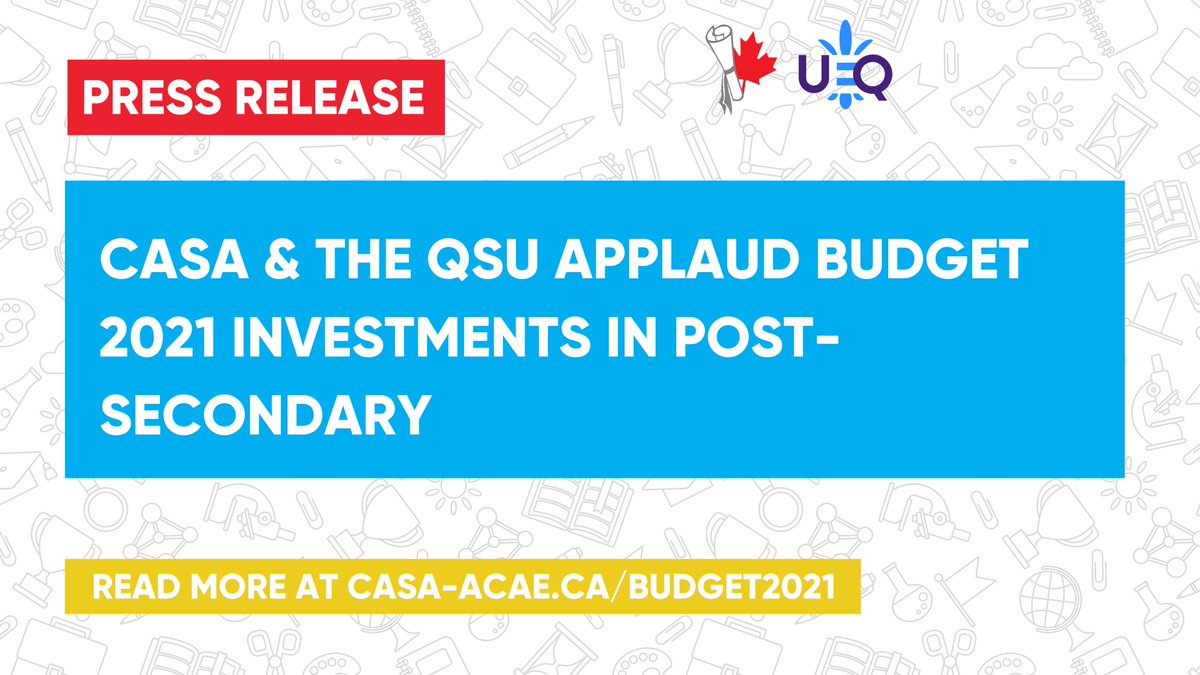 <a href="/CASAACAE/">CASA | ACAE</a>  &amp; the <a href="/UnionEtudiante/">UEQ</a> are pleased with the comprehensive student aid package announced in today’s federal budget. Read more: casa-acae.com/budget_2021 #Budget2021
