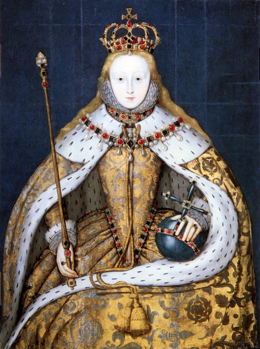 2 - No one expected the daughter of Henry VIII & Anne Boleyn would ascend the throne--but she did. Her coronation (1558) portrait shows her swathed in cloth of gold--the very same her deceased sister Mary had worn (bit creepy).Oh, that cloth of gold? £2170 a yard in today's $$.