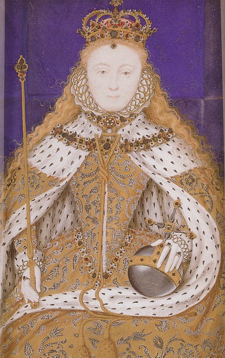 3 - Every line of her dress is a message: the cloth of gold was a favorite of her father's; the fleur-de-lis represented the ongoing claim of France; the Tudor roses: legitimacy. Her long hair and serene expression? The beginnings of the Virgin Queen. And all that ermine.