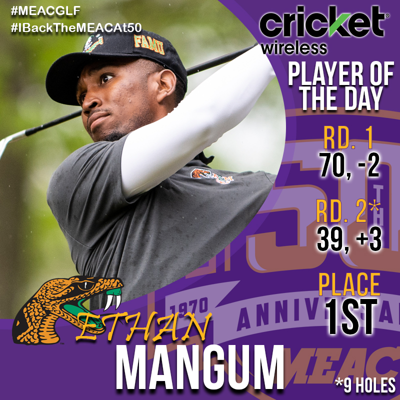 MEACSports's tweet photo. #MEACGLF Day one is in the books! @FAMUAthletics lead the field heading into Tuesday's final round, and Ethan Mangum is our @Cricketnation Player of the Day after going under par in Round 1 and topping the leaderboard. #IBackTheMEACAt50 #IBackTheMEAC https://t.co/vM6aPnCOIj