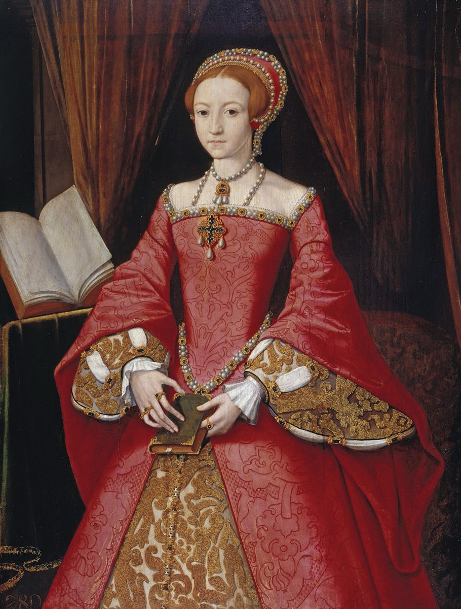 8 - One portrait of Elizabeth as princess (1546) I love is this one. It's much like the earlier one of Mary: a demure, studious daughter. But you sense a bit of personality here. Not to mention the depth of fabric.Pearls became a big part of her repertoire later, too.