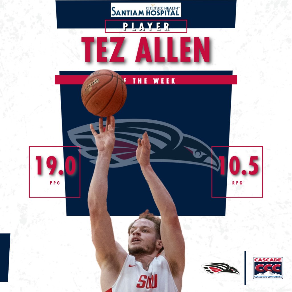 CCCSports's tweet photo. This week's Embrace Health-Santiam Hospital Men’s Basketball Player of the Week is @SOURaiders' Tez Allen! #ThisIsTheCCC https://t.co/T4aOSfjGfj