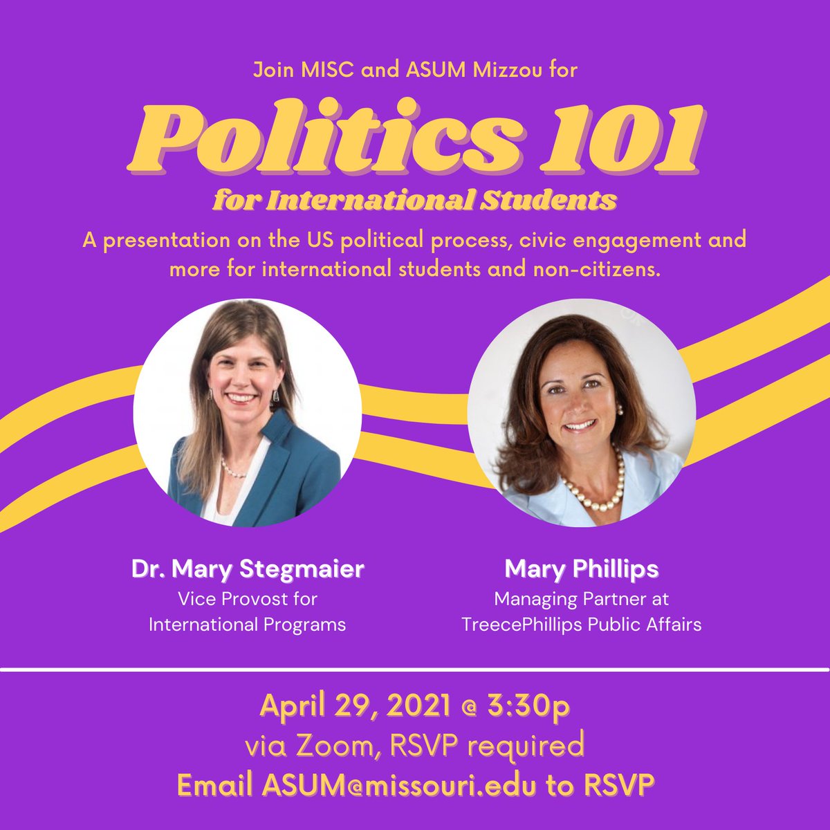 Join us and <a href="/MizzouMISC/">Missouri International Student Council</a> for Politics 101 for International Students on Thursday, April 29th at 3:30p! We will be discussing the US political process, civic engagement opportunities and much more! We will be joined by Dr. Mary Stegmaier and Mary Phillips. RSVP required.