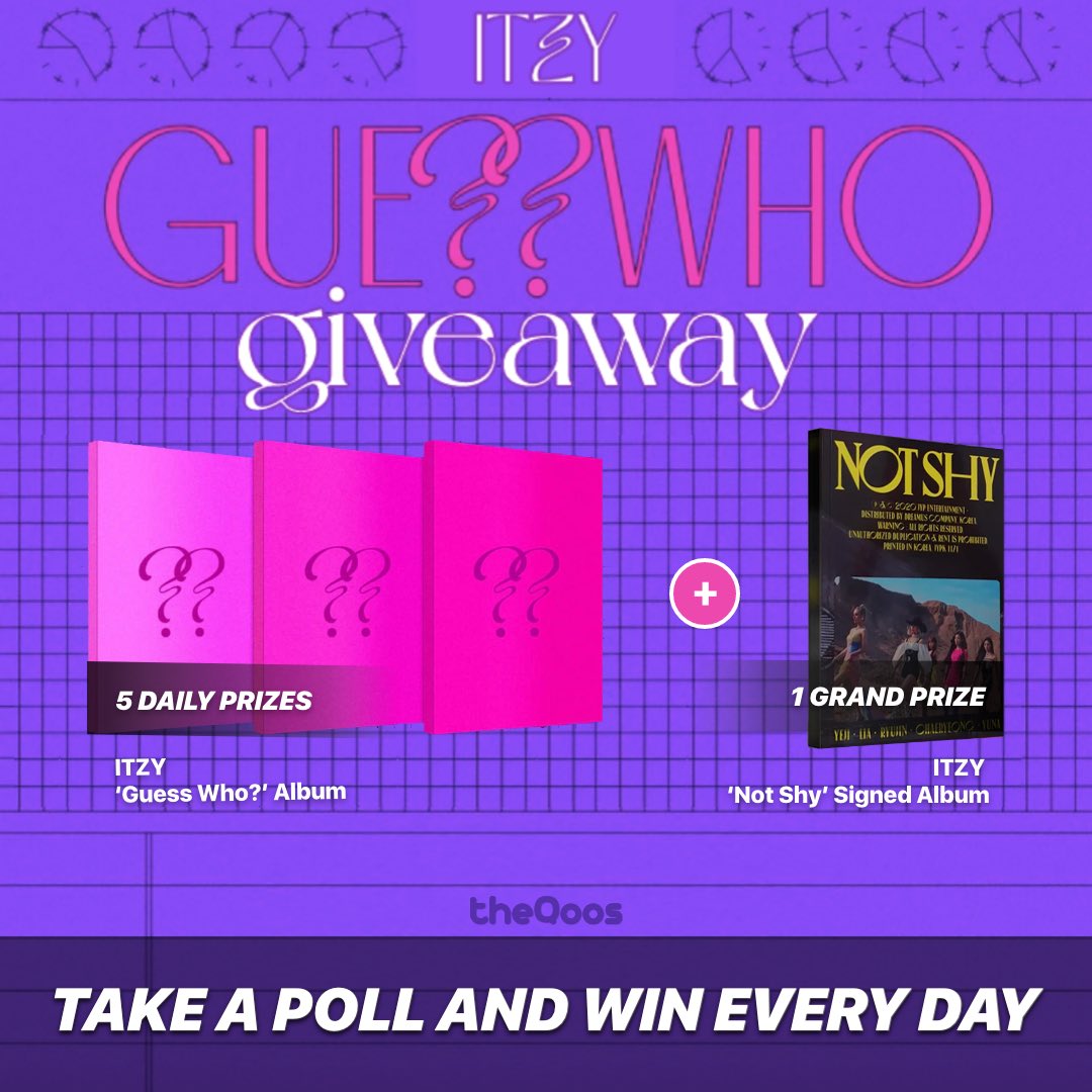 theQoos_'s tweet photo. [EVENT] Enter the ITZY ‘Guess Who?’ Giveaway!🤔🎉 4/19-4/24!

Take a poll &amp; win every day:
(5) PRIZES - ITZY ‘Guess Who?’ Album
(1) GRAND PRIZE - Signed ITZY ‘Not Shy’ Album

Free To Enter in theQoos #KPOP app 📲: https://t.co/Axib5V0EWF

#ITZY #MIDZY #GUESSWHO
#theqoos https://t.co/GDOdm4LwNl