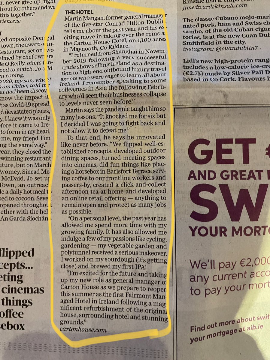 Thank you <a href="/LucindasIreland/">LUCINDA O’SULLIVAN</a> for the write up in yesterday’s <a href="/sundayindepend1/">sundayindependent</a> excited to get this great resort @CartonHouse open and show off the amazing restoration and refurbishment. Looking forward to welcoming you there very soon once we can all put the past year behind us👍🏻