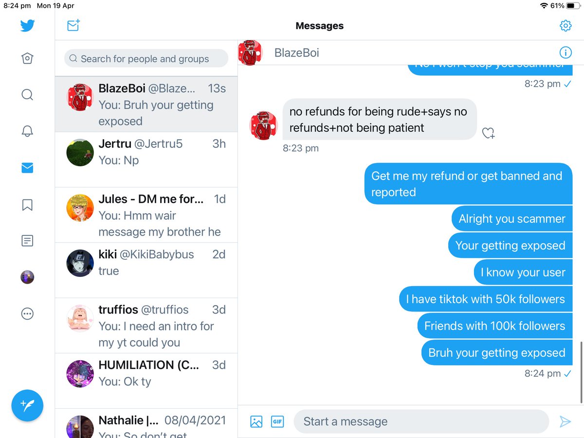 officualblue's tweet photo. @BlazeDev_  is a scammer I have waited 3 days for my commissions for merch which cost me 142 robux
He made me mad and cancelled the commissions then stated I’m not getting refund 
As I can see he has no commissions and is a scammer https://t.co/G5uNRTJmaI