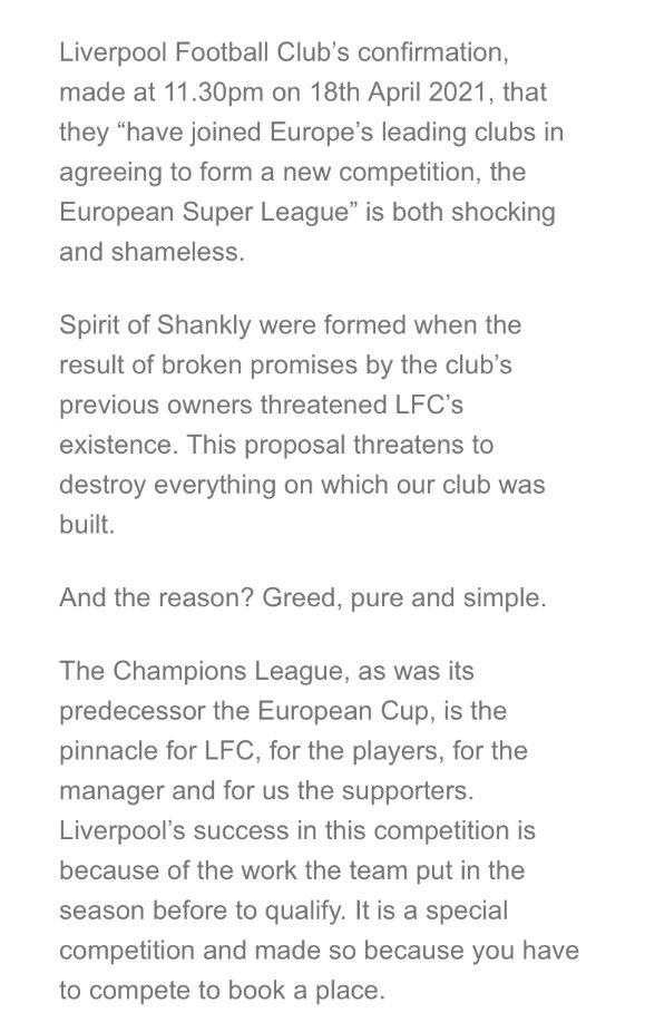 spiritofshankly's tweet image. European Super League : a statement. 

Link: bit.ly/3mZD43Y

@LiverpoolDSA @LFC_LGBT @LFCWSC @SpionKop1906 @LFCSupCom