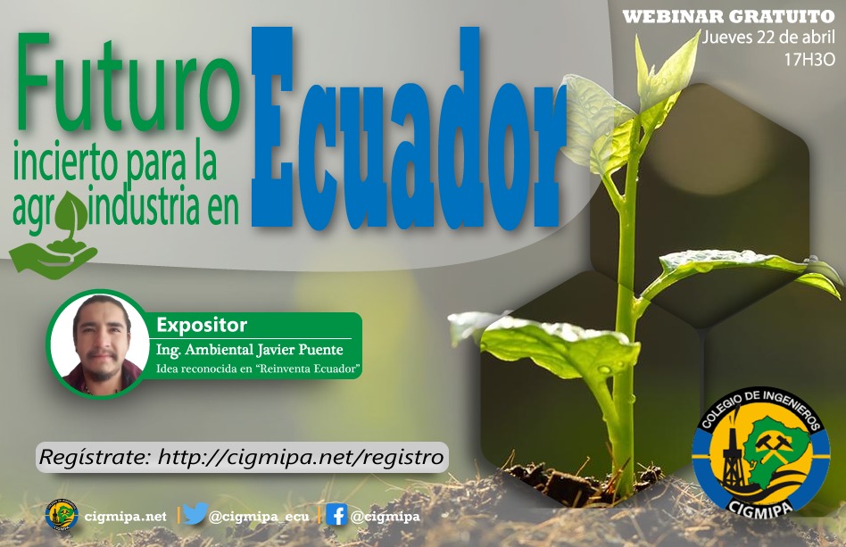 ReinventaEc's tweet image. Te invitamos a participar de la conferencia gratuita acerca del Futuro Incierto para la Agroindustria en el #Ecuador, organizado por el Colegio Regional de Ingenieros Geólogos, de Minas, Petróleos y Ambiental, @CIGMIPA_ECU. 🌱

Regístrate en: cigmipa.net/registro/