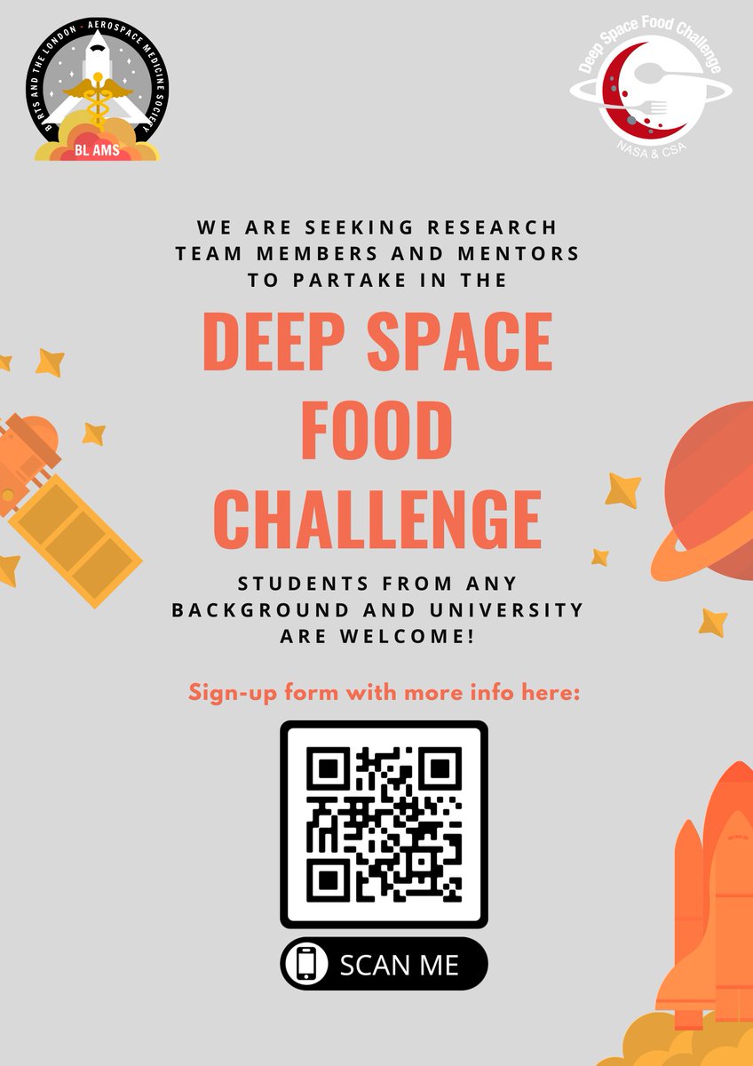 BLAerospaceMed's tweet photo. A chance to get involved as a team member or mentor for the Deep Space Food Challenge! See the graphics for further details and requirements, including QR codes for sign up 🚀🚀
#spacemedicine https://t.co/7OMqqmCCZo