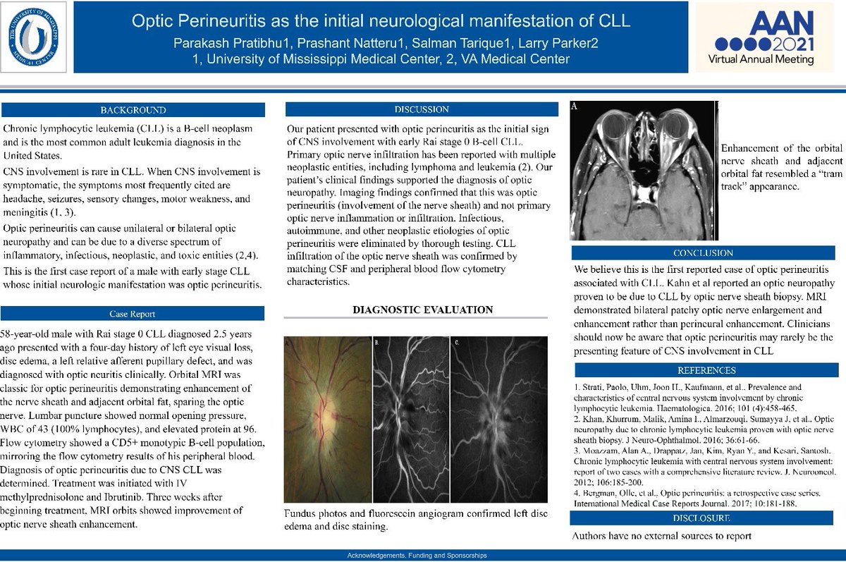 UMMC Neurology Residency Program (@ummc_neurores) on Twitter photo Another rare case- Incoming Academic Chief Parakash Pratibhu discusses optic perineuritis as the initial neurological manifestation of Chronic lymphocytic leukemia! @AANMember <a href="/myelinMD/">Alissa Willis</a> @brainsightmd @NMatch2021 <a href="/LAWoodwardMD/">LouAnn Woodward M.D.</a> <a href="/JimmyStewart14/">Jimmy Stewart</a> <a href="/DGlaucomflecken/">Dr. Glaucomflecken</a>
#NeuroTwitter #AANAM Another rare case- Incoming Academic Chief Parakash Pratibhu discusses optic perineuritis as the initial neurological manifestation of Chronic lymphocytic leukemia! @AANMember <a href="/myelinMD/">Alissa Willis</a> @brainsightmd @NMatch2021 <a href="/LAWoodwardMD/">LouAnn Woodward M.D.</a> <a href="/JimmyStewart14/">Jimmy Stewart</a> <a href="/DGlaucomflecken/">Dr. Glaucomflecken</a>
#NeuroTwitter #AANAM