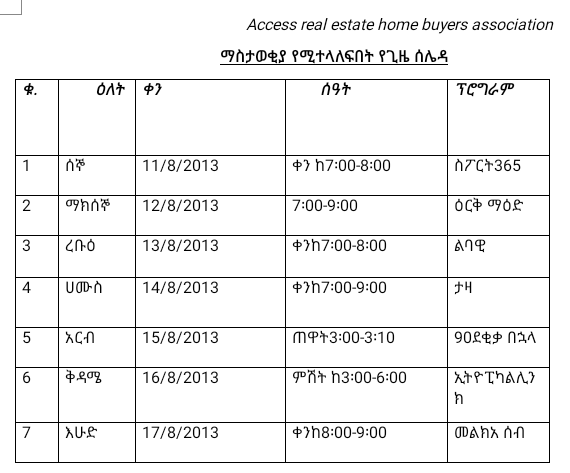 access_estate's tweet photo. Dear followers,

Below is Fana radio's schedule for AREHBA's advertisement transmission that has started today.

#AccessRealEstate #WuletawYikeber
#AREHBA #FanaRadio #FanaFM https://t.co/P6xXKoj0oZ